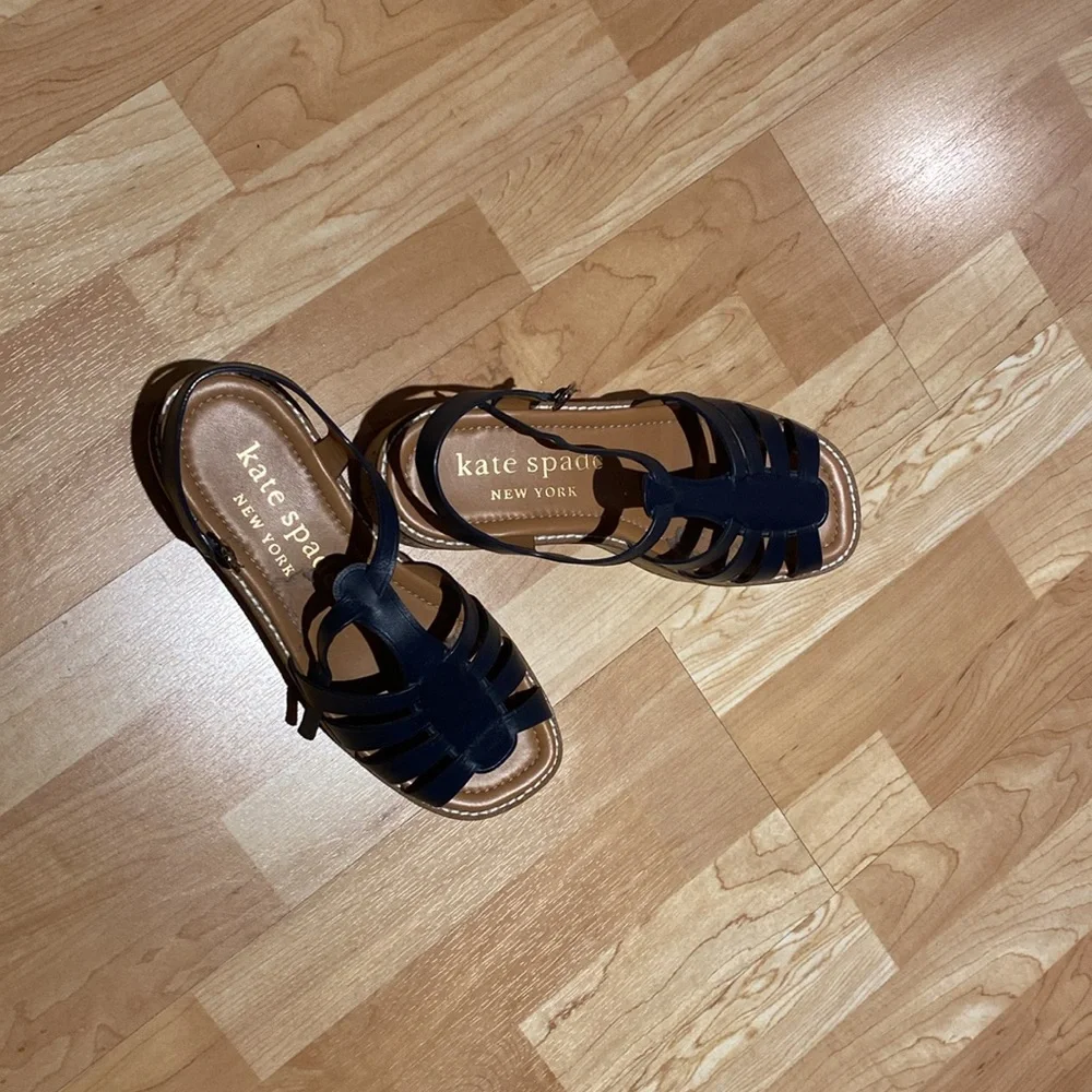Coach Navy Leather Cork Wedge Sandals - Picture 2 of 7
